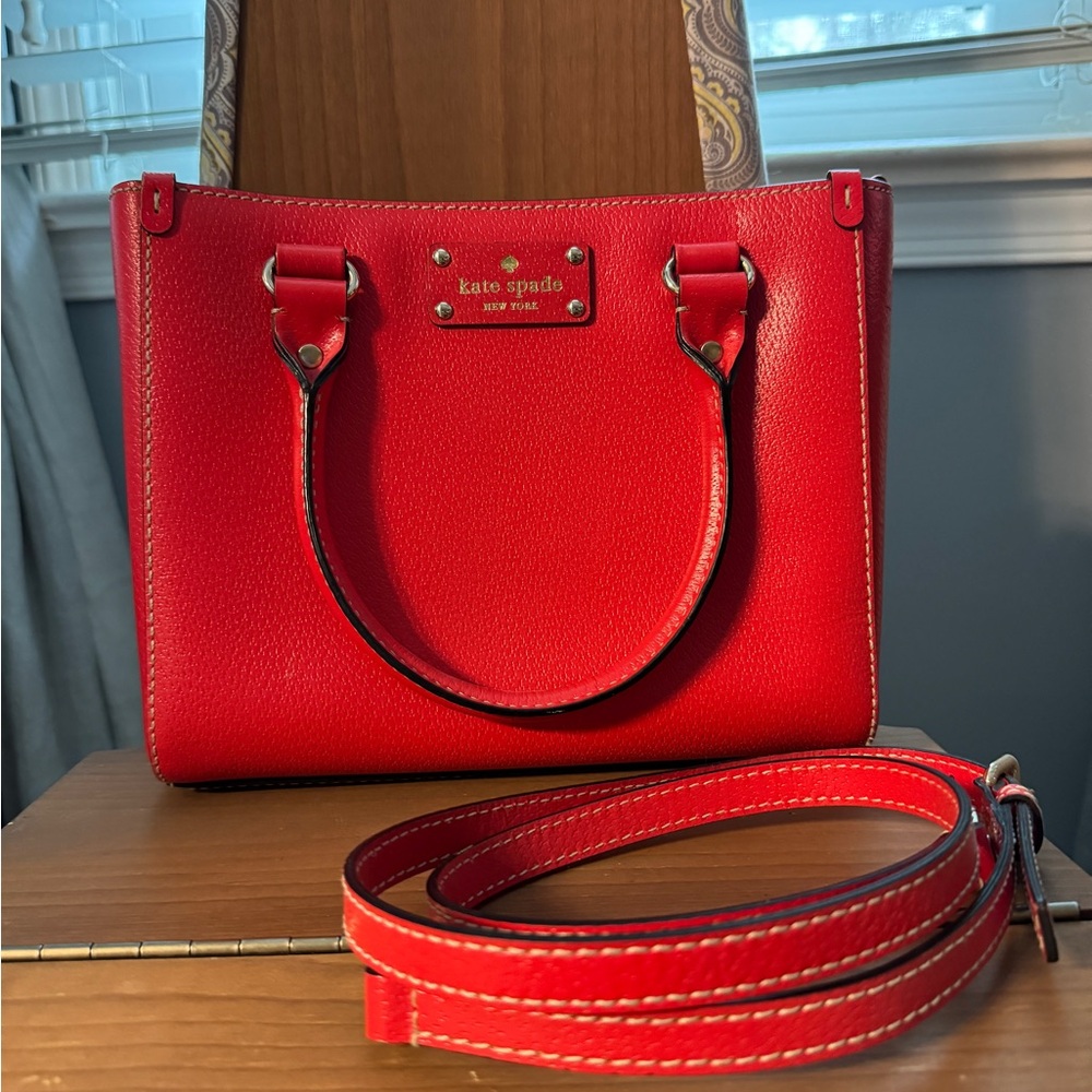 Kate Spade red handbag w strap & bonus keychain wallet